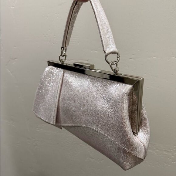 Metallic Pink Leather Handmade Asymmetrical Ruffles, Push Lock Clutch/Crossbody - Picture 11 of 14